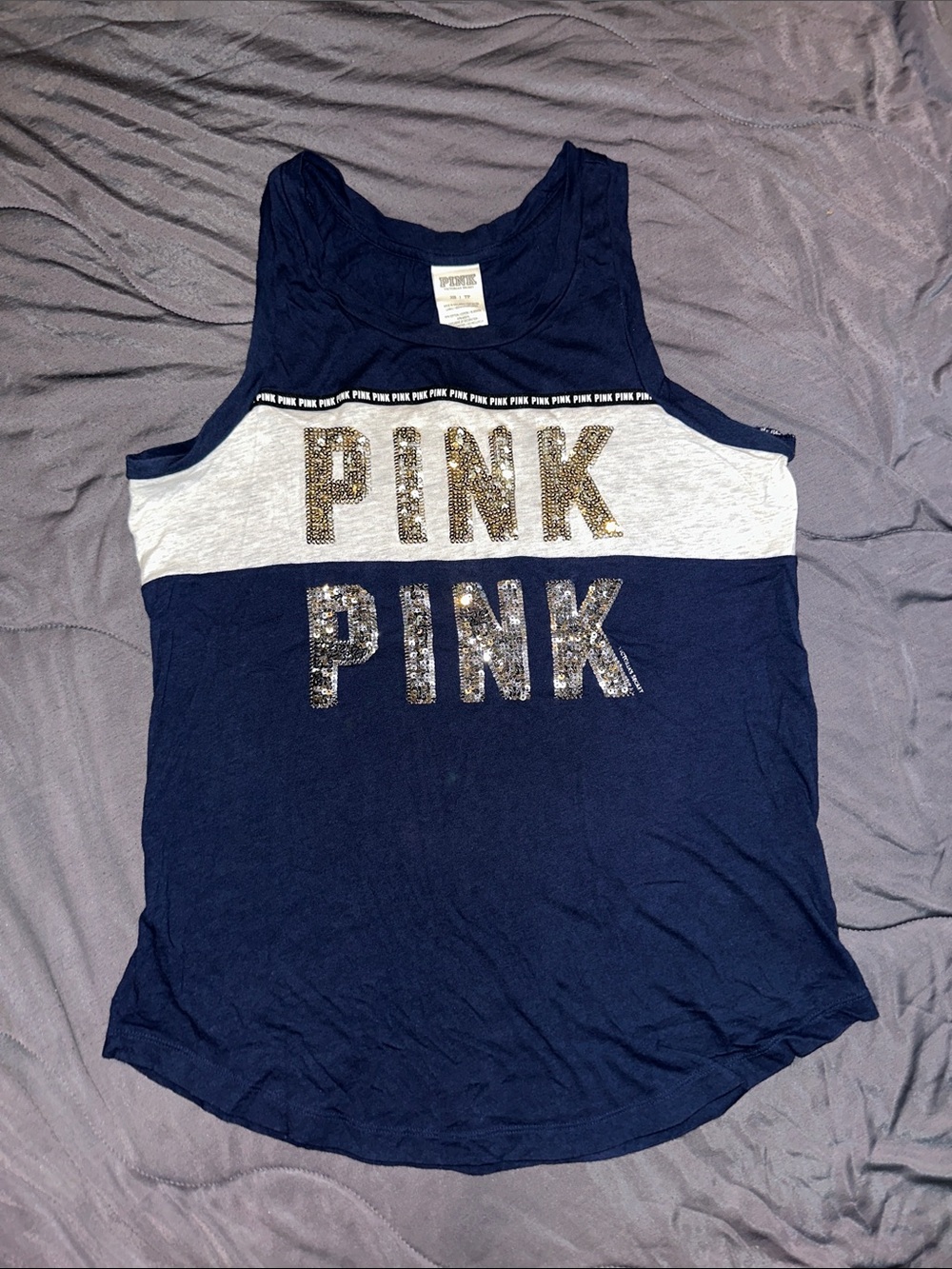 PINK Victoria's Secret Navy and White Sequin Logo Tank